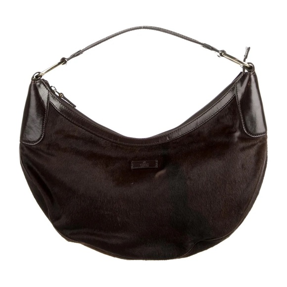 Gucci Pony Hair Half Moon Hobo Bag Dark Chocolate Brown Leather Authentic - Picture 1 of 15